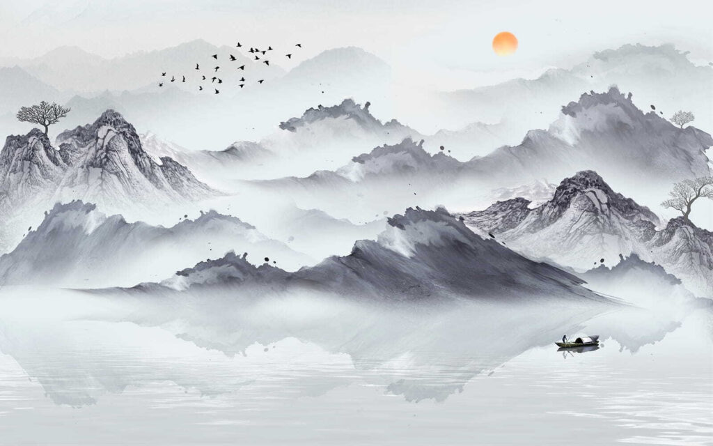 Boat among grey mountains — full design