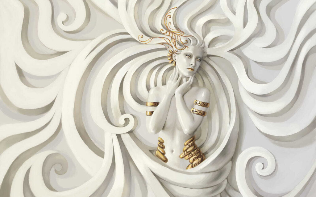 Woman among white curls — full design