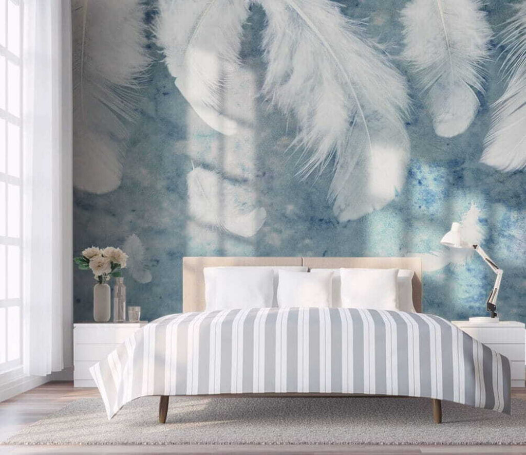 White feathers on blue-grey — interior 2