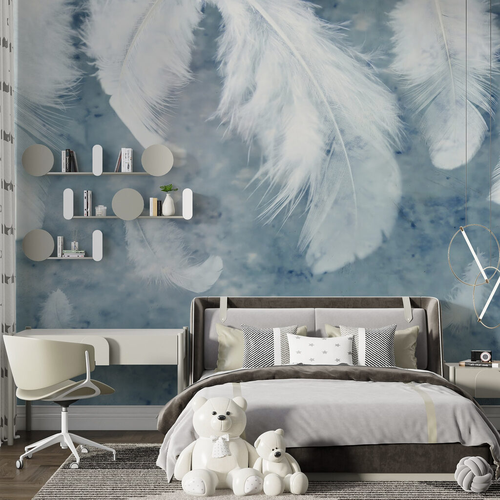 White feathers on blue-grey — interior 3