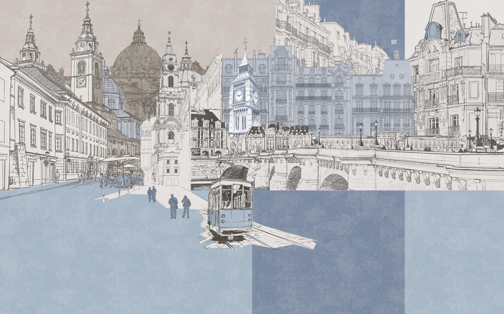 Tram between city facades — full design