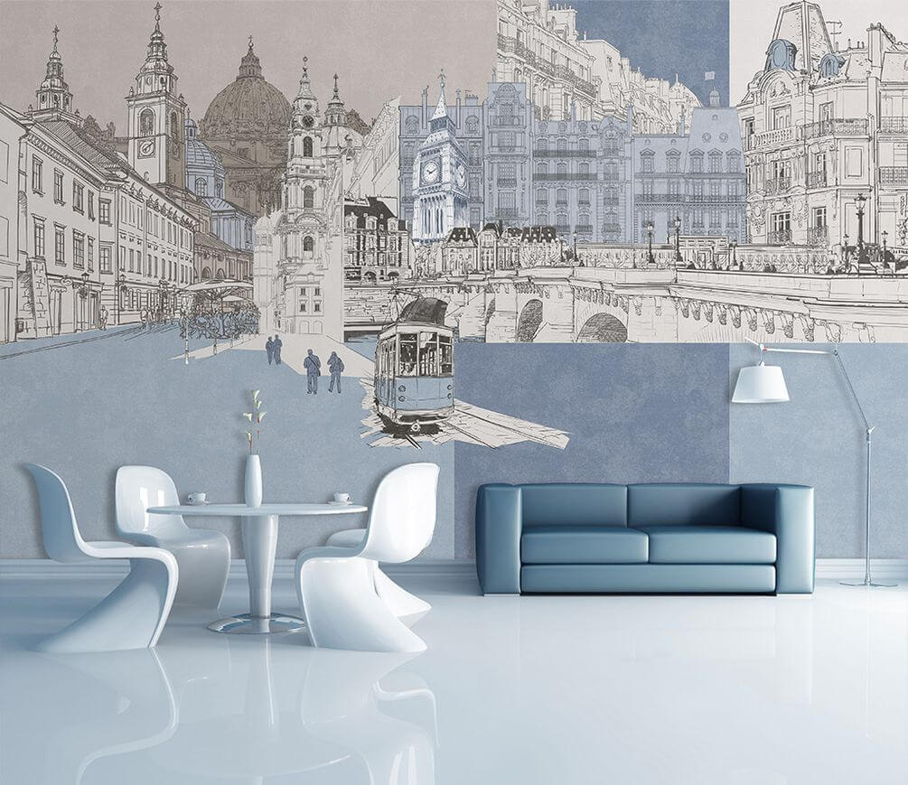 Tram between city facades — interior 1