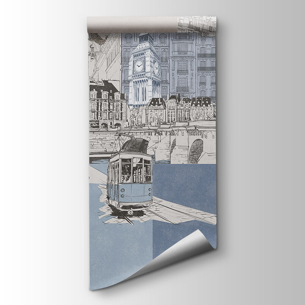 Tram between city facades — product view
