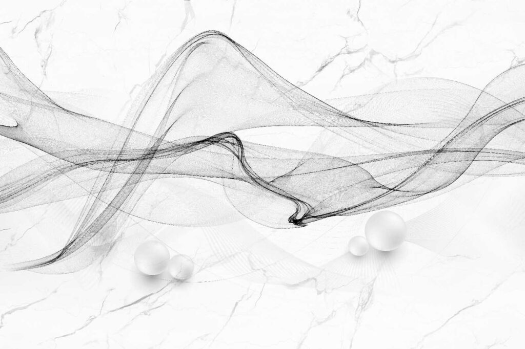 Grey ribbons above spheres — full design
