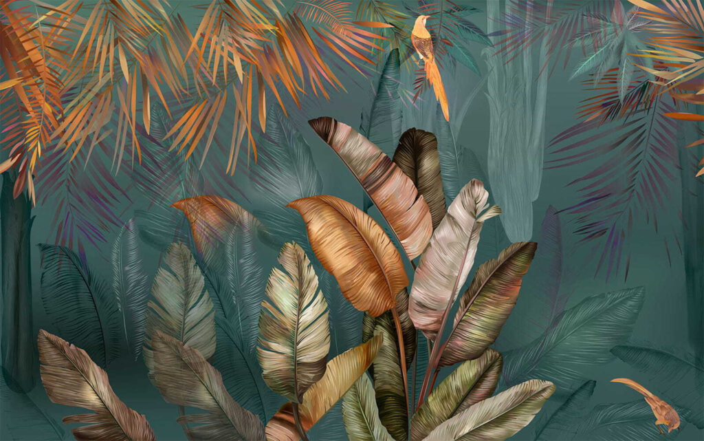 Tropical leaves and birds — full design