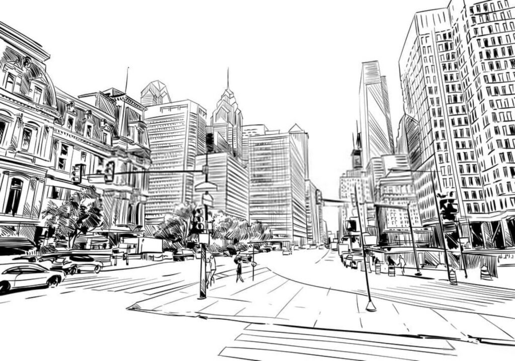 Line-drawn city street — full design