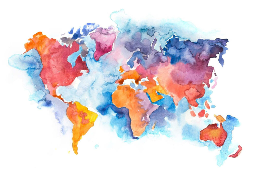 World map in watercolour — full design