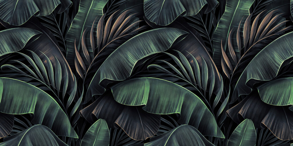 Tropical leaves on black — full design