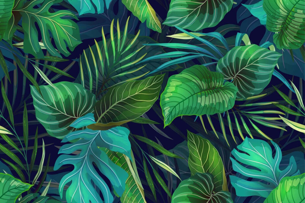 Tropical leaves, deep blue — full design