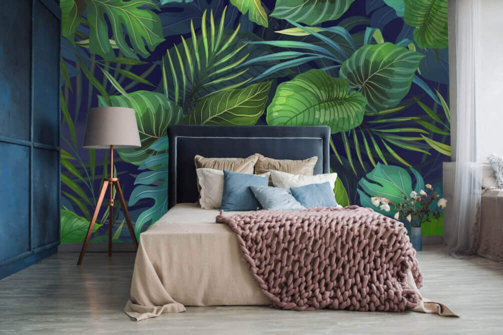 Tropical leaves, deep blue — interior 2
