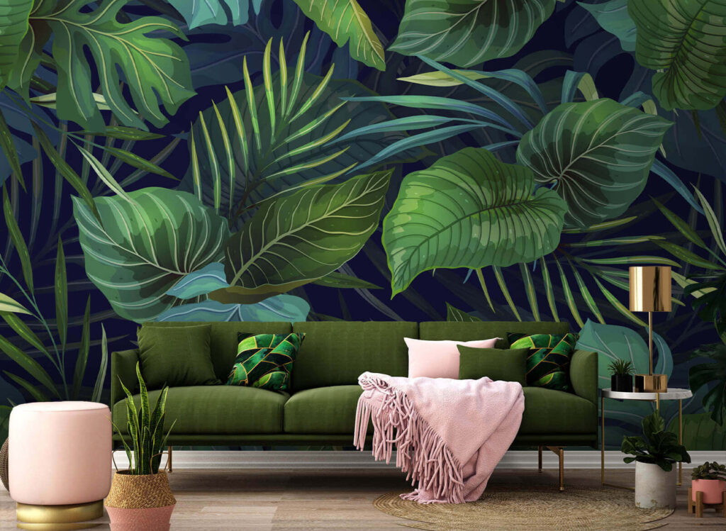 Tropical leaves, deep blue — interior 1