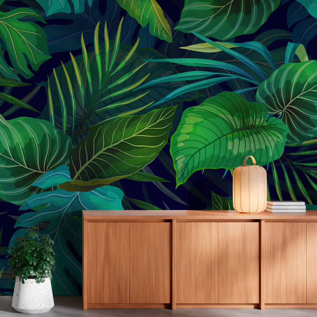 Tropical leaves, deep blue — interior 6