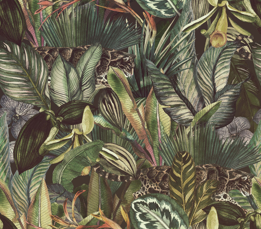 Spotted cats among leaves — full design