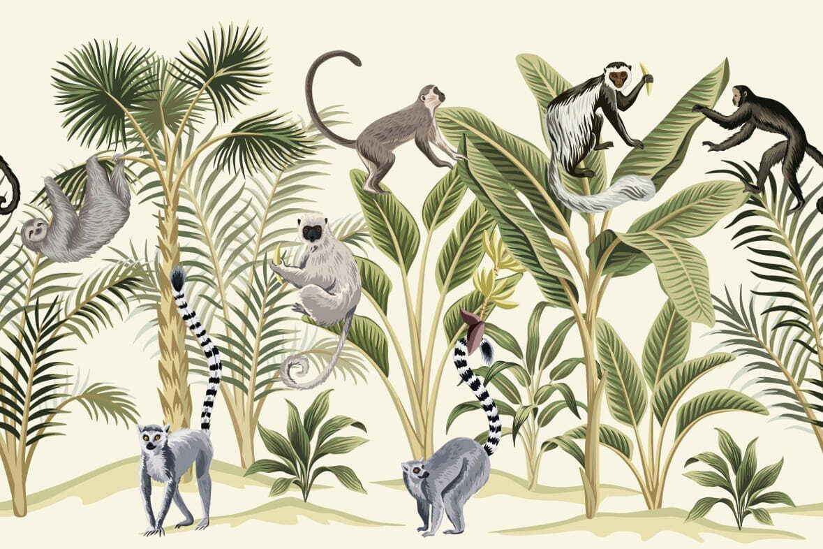 Monkeys among drawn palms — full design
