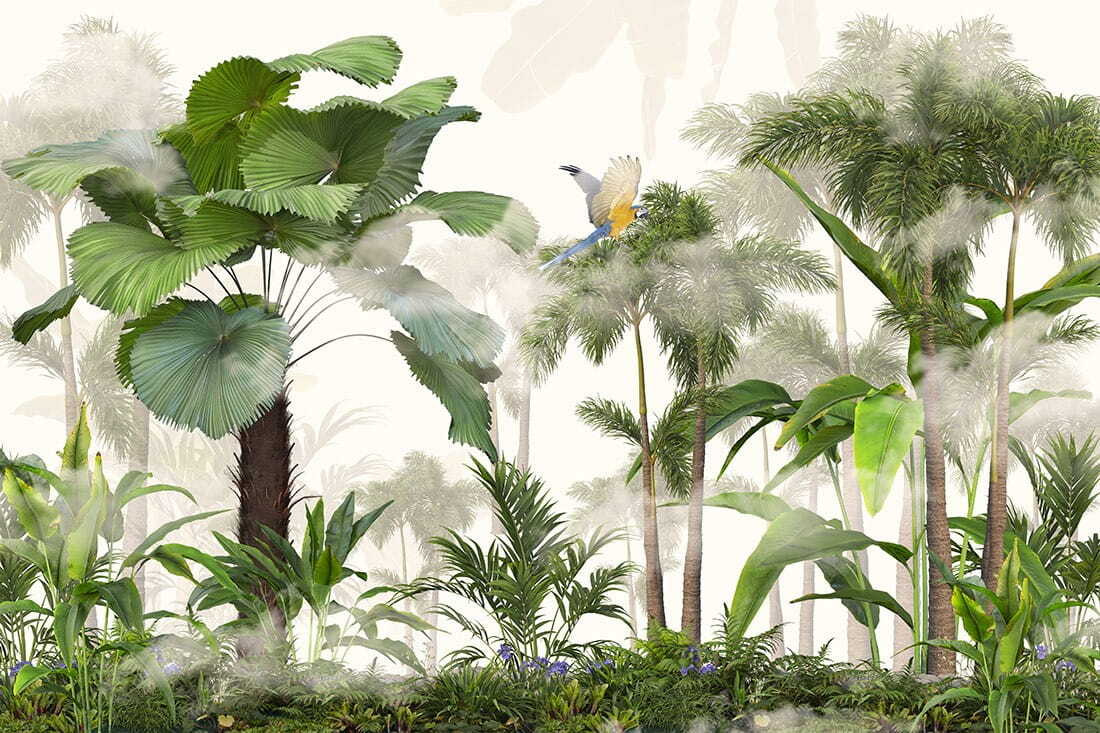 Green palms and birds — full design