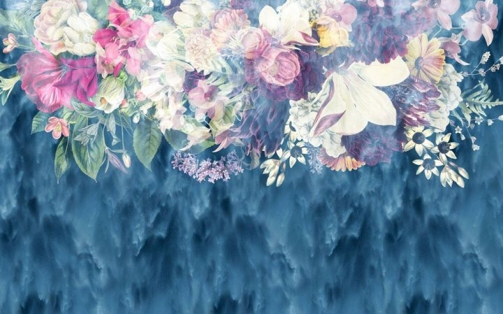 Flowers over blue strokes — full design