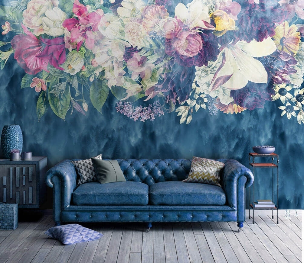 Flowers over blue strokes — interior 1