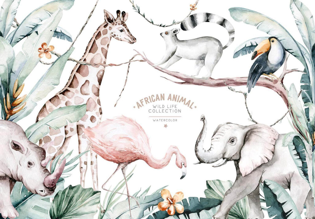 Giraffe, elephant and birds — full design