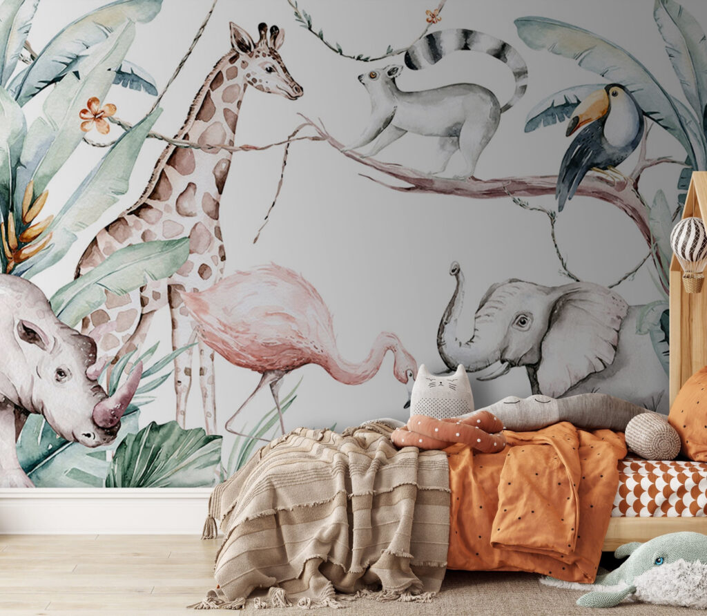 Giraffe, elephant and birds — interior 1