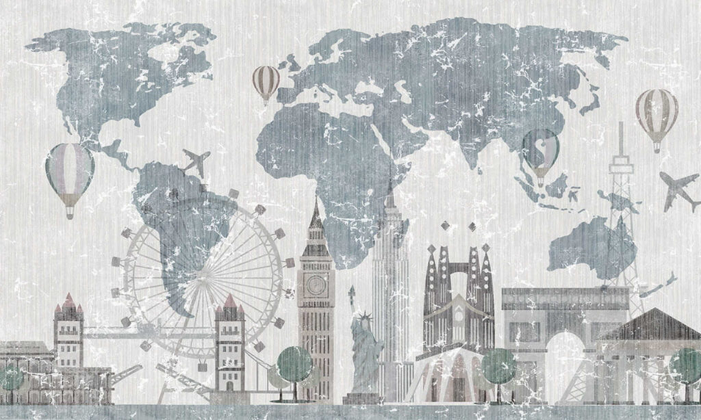 World map and landmarks — full design