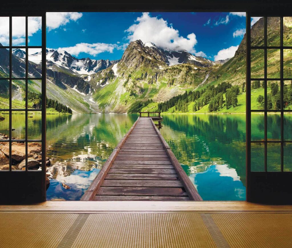 Mountain lake through windows — full design