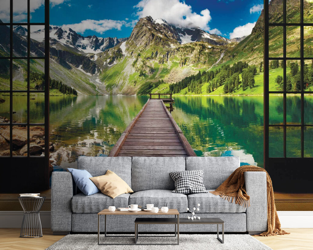 Mountain lake through windows — interior 1