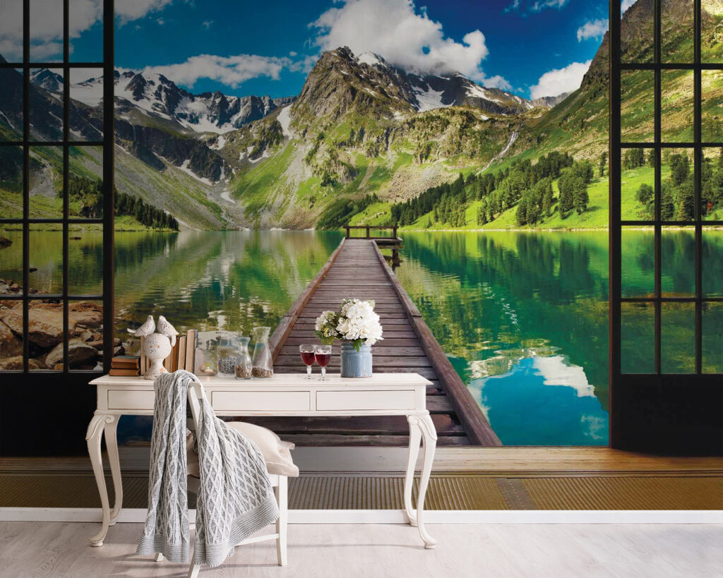 Mountain lake through windows — interior 3