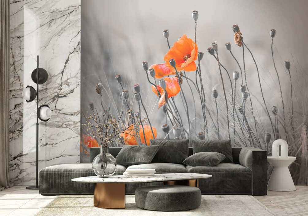Orange poppies in grey — interior 1