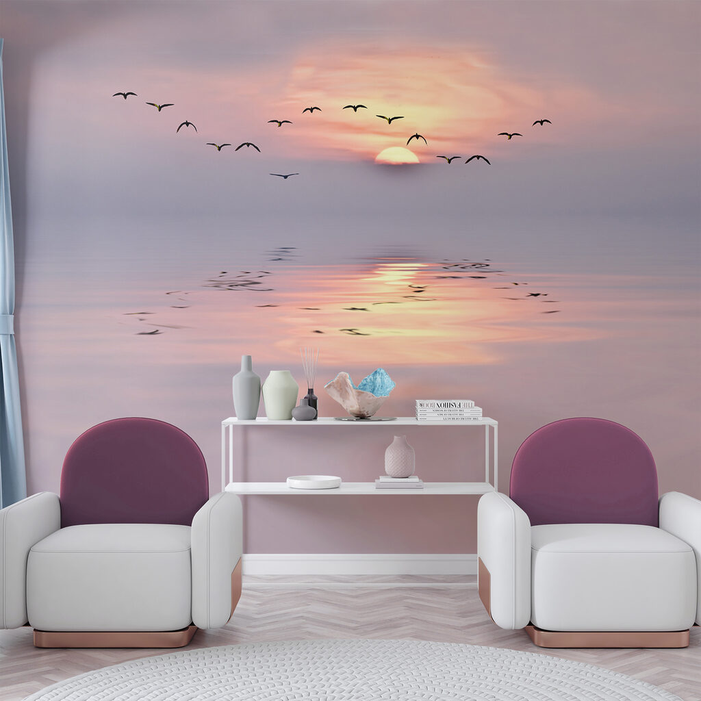 Birds over pink water — interior 4