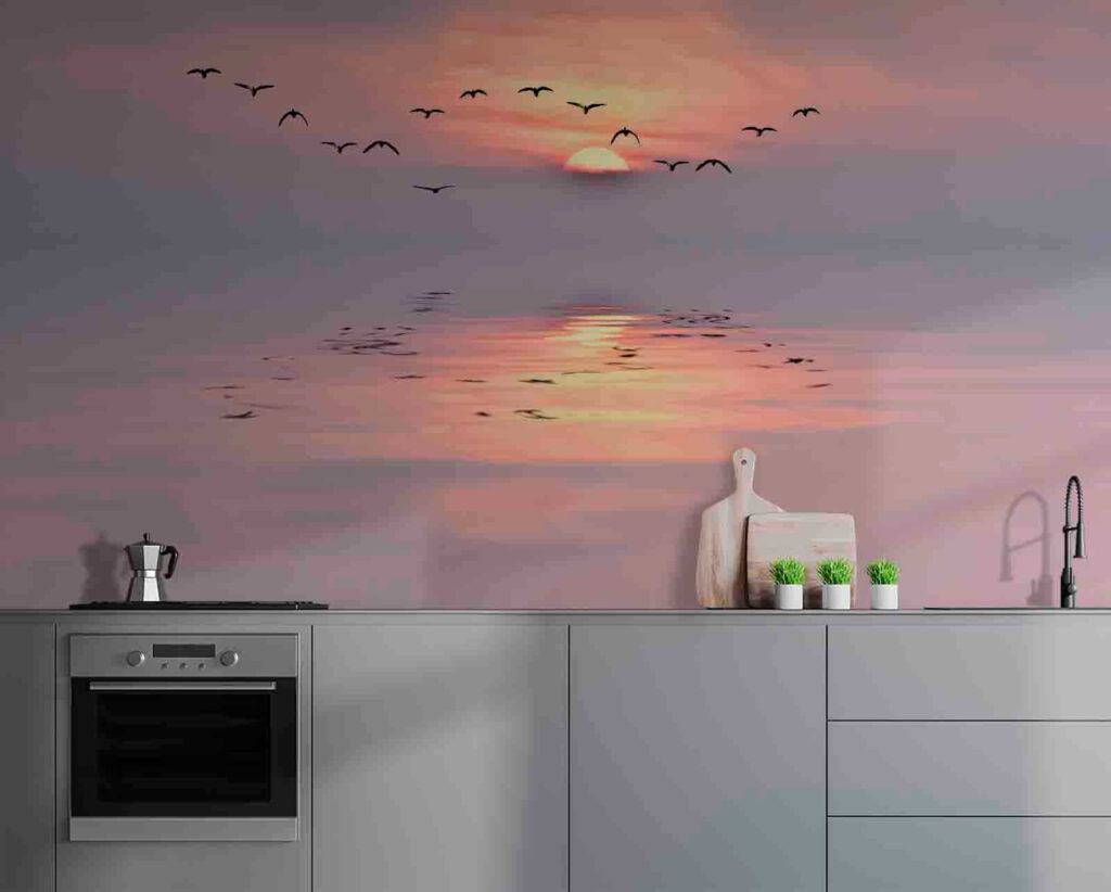 Birds over pink water — interior 2