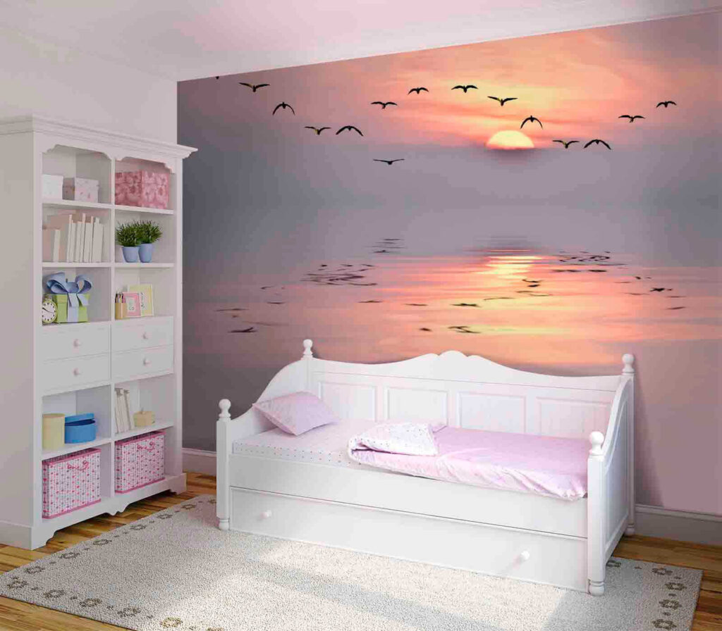 Birds over pink water — interior 3