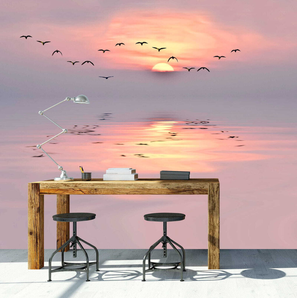 Birds over pink water — interior 1