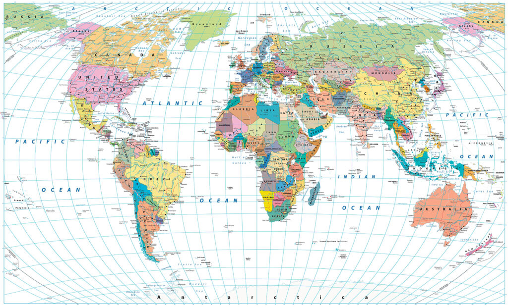 World map, latitude lines — full design