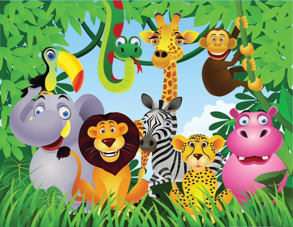 Jungle friends under leaves — full design