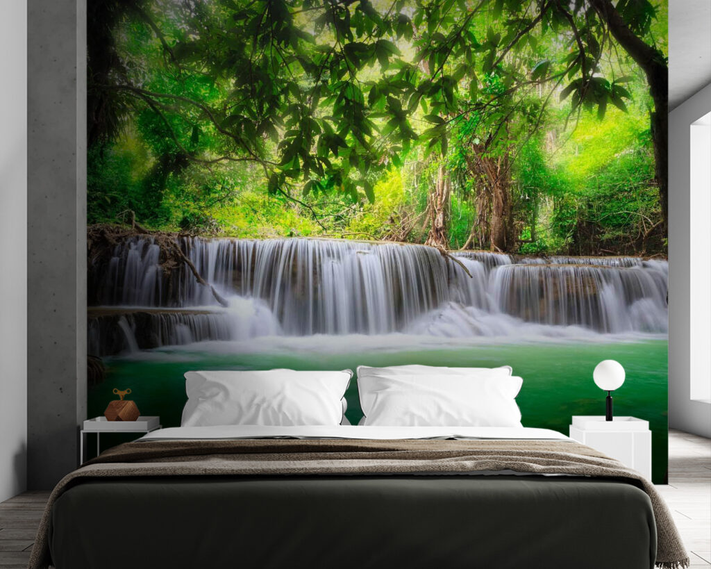 Forest waterfall, turquoise pool — interior 1
