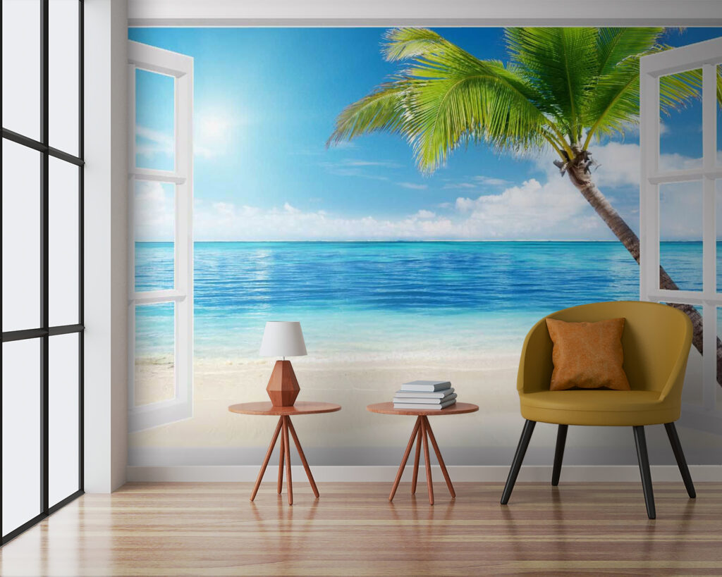 Beach palm through window — interior 3