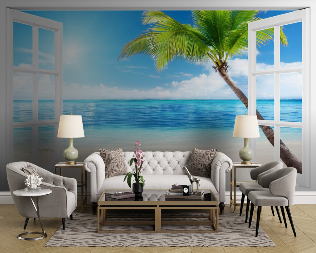Beach palm through window — interior 1