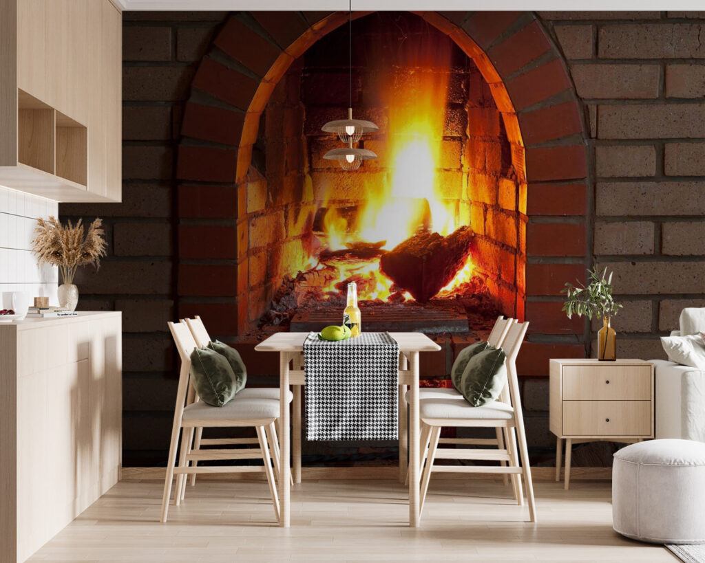 Flames behind brick arch — interior 3