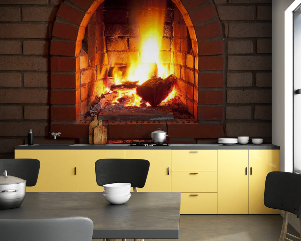 Flames behind brick arch — interior 4