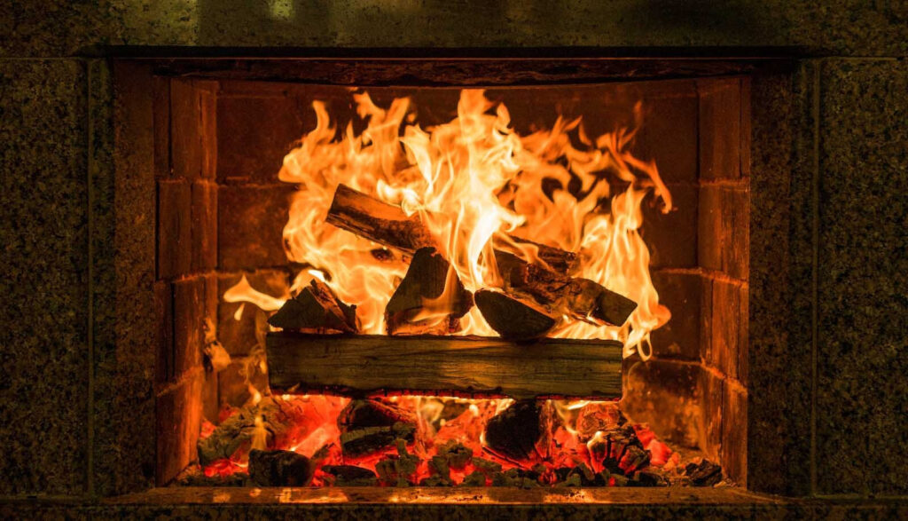 Fire in dark hearth — full design