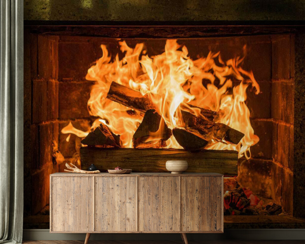Fire in dark hearth — interior 1