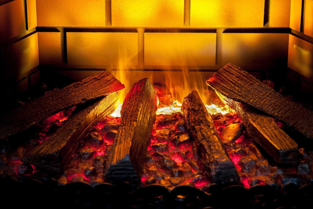 Logs in golden firelight — full design