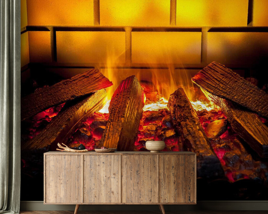 Logs in golden firelight — interior 3