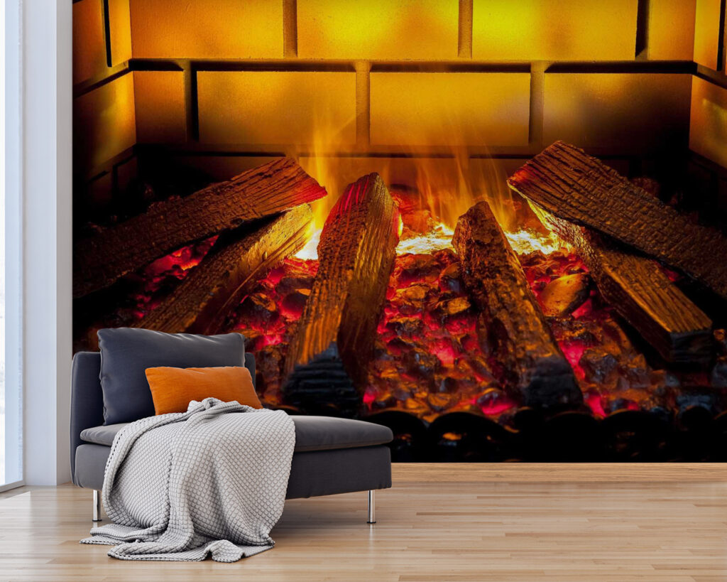 Logs in golden firelight — interior 1