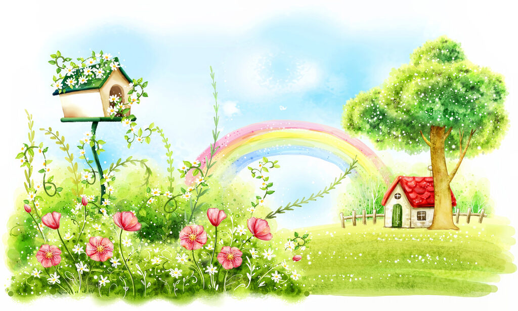 Birdhouse beside a rainbow — full design