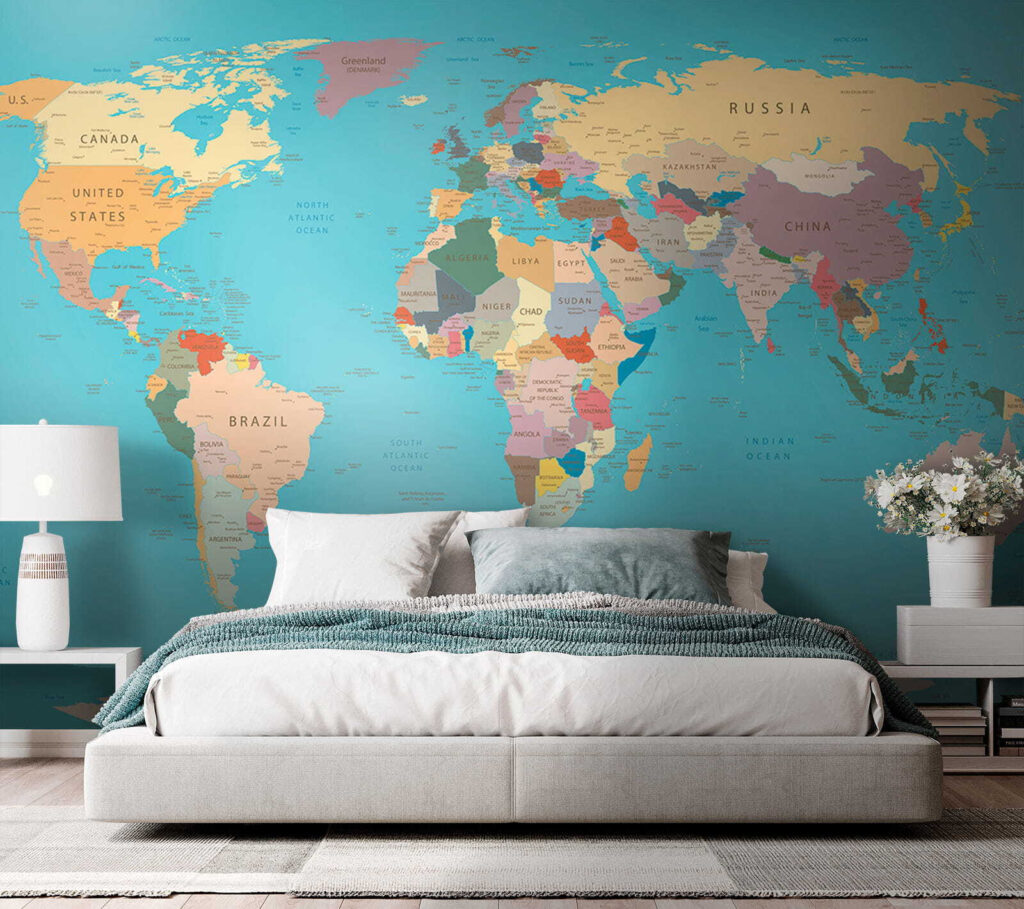 World map, gold border — interior 3