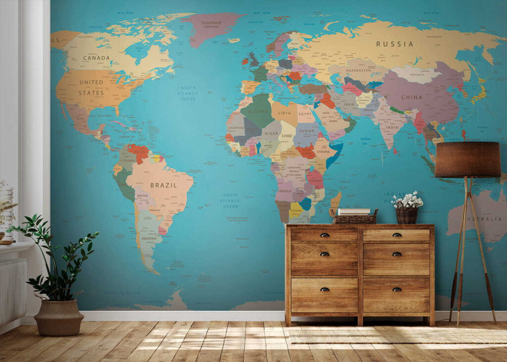 World map, gold border — interior 8