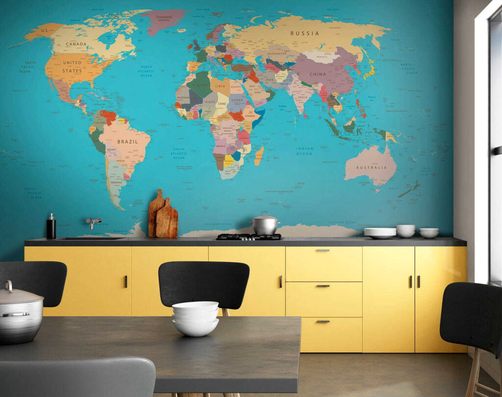 World map, gold border — interior 9