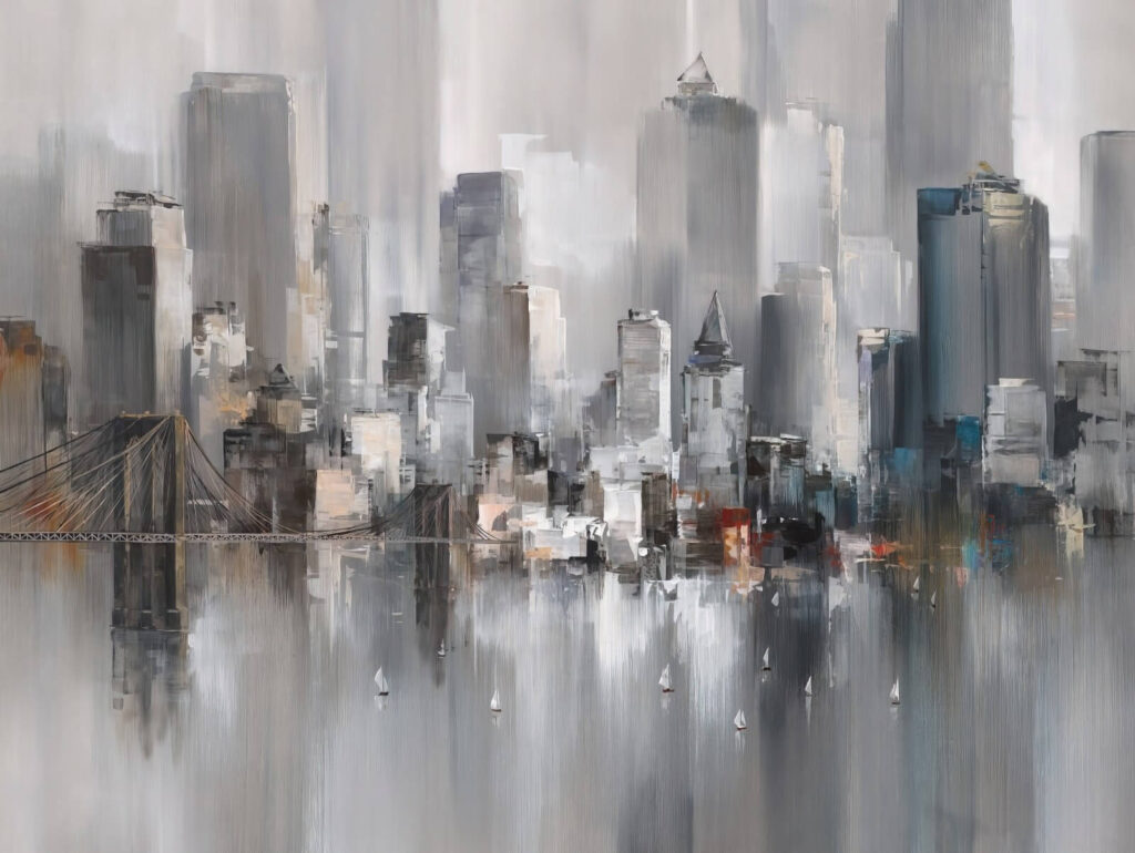 City in grey brushstrokes — full design