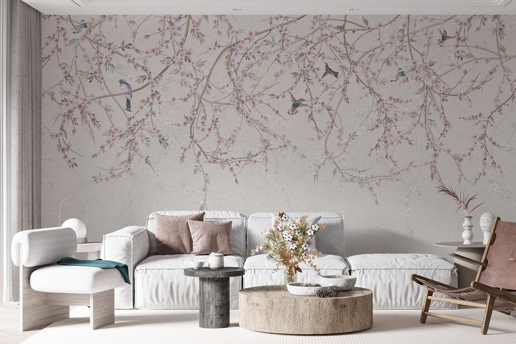 Birds under hanging blossom — interior 2
